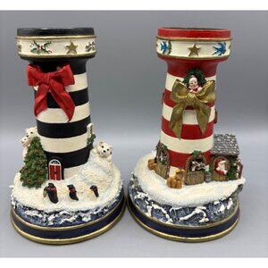 Vtg 90s Danbury Mint Set Of 2 Lighthouse Candle Stick Holders Christmas Design